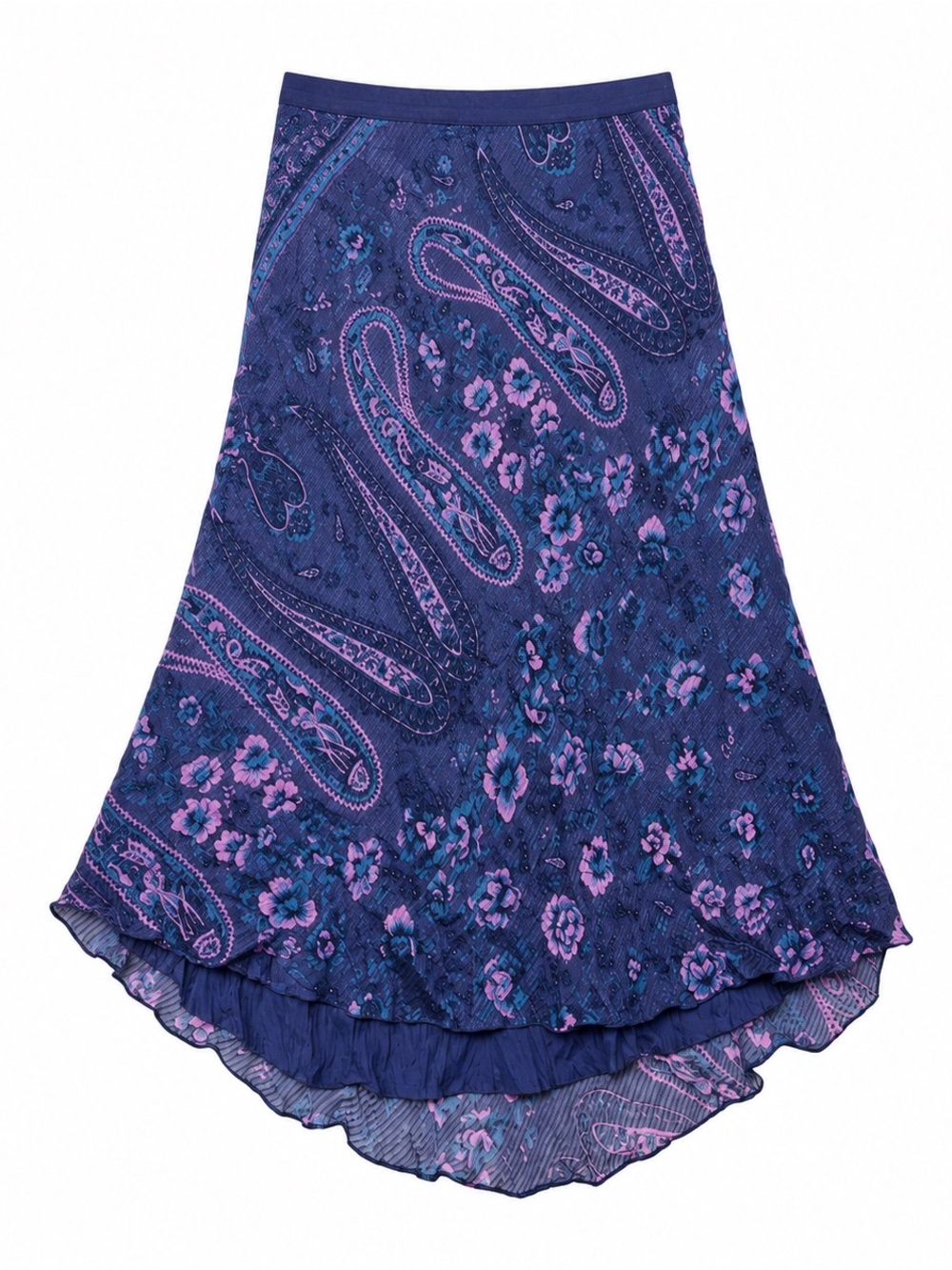Y2K Rebecca Taylor 100% Silk Paisley Floral High Low Skirt Size 2 Navy Purple